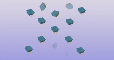 Birçok mezuniyet şapkası ve kitap ikonlarının dijital animasyonu mor gradyan arka plana karşı. Okula ve eğitim konseptine dönüş