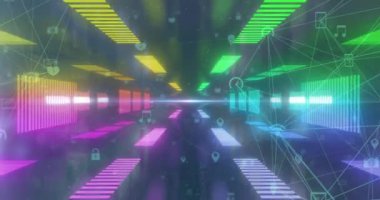 Neon tünel arka planındaki bağlantı ağının animasyonu. Video oyunu ve eğlence konsepti dijital olarak oluşturuldu.