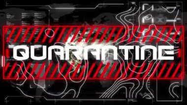 Animation of text, quarantine with topographical chart moving over data processing on interface. global business communication interface and health warning concept, digitally generated video.