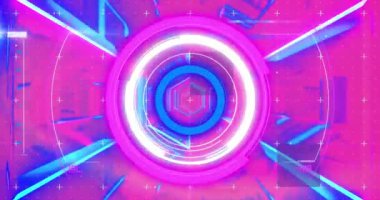 Pembe ve mavi neon tünel arkaplanındaki taramaların animasyonu. Video oyunu ve eğlence konsepti dijital olarak oluşturuldu.