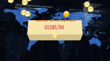 Dünya haritasında covid 19 veri işleme animasyonu ve yüz maskeli birden fazla hasta emoji. küresel covid 19 salgın konsepti dijital olarak oluşturulmuş video.