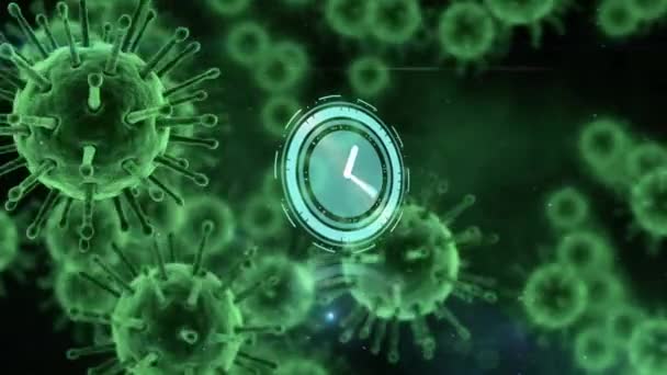 緑のCovid 19細胞上のクロックとスコープスキャンのアニメーション コロナウイルスの間の医療技術と保護は19のパンデミックを克服しデジタルで生成されたビデオを — ストック動画
