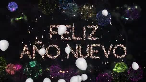 Animace Šťastného Novoročního Textu Bílými Balónky Ohňostrojem Černém Pozadí Šťastný — Stock video