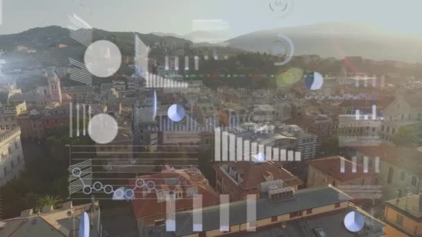 Animatie Van Gegevensverwerking Het Stadsgezicht Mondiaal Business Digitale Interface Technologie — Stockvideo