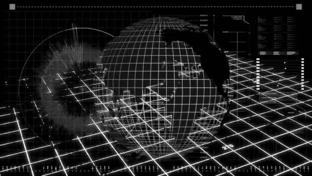 Animation Monochrome Globe Tournant Sur Interface Avec Traitement Données Carte — Video