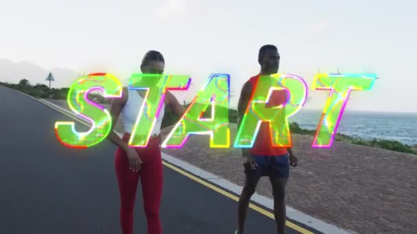 Animação Palavra Começar Letras Coloridas Sobre Casal Exercitando Correndo Estrada — Vídeo de Stock