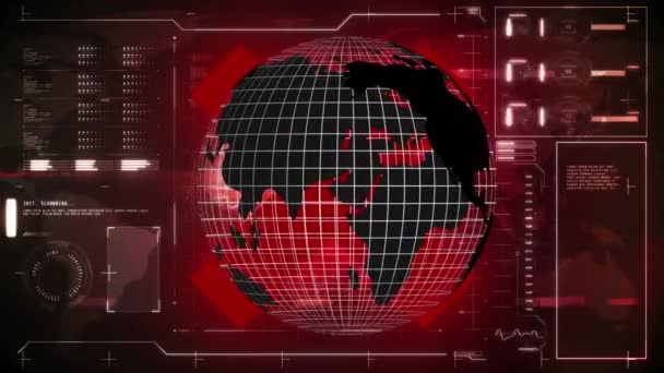 Animación Globo Rotando Sobre Interfaz Con Procesamiento Datos Rojo Comunicación — Vídeos de Stock
