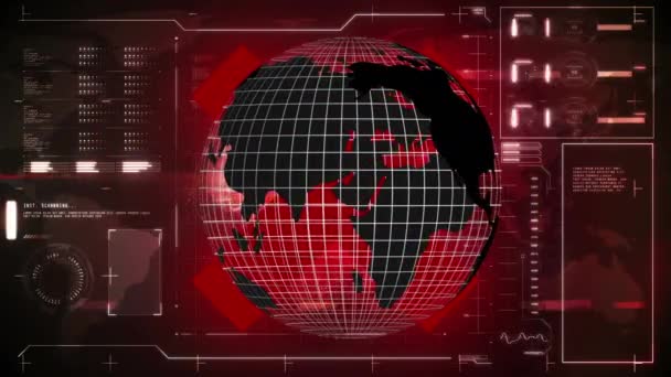 Animation Globe Tournant Sur Interface Avec Traitement Données Rouge Communication — Video