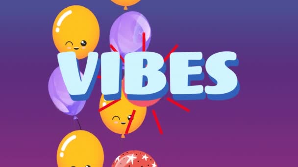 Animación Palabra Vibraciones Azul Con Globos Flotantes Sobre Púrpura Sentimientos — Vídeos de Stock