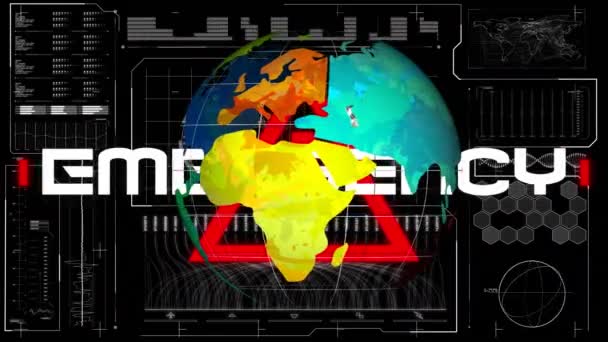 Animace Textu Nouzová Situace Červeným Trojúhelníkem Zeměkoulí Rotující Zpracování Dat — Stock video