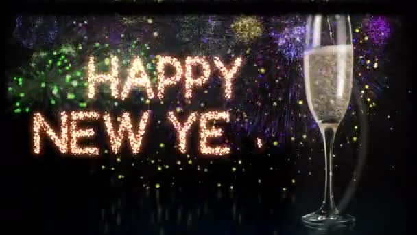 Animation Happy New Year Text Red Balloons Fireworks Champagne Black — Stock Video