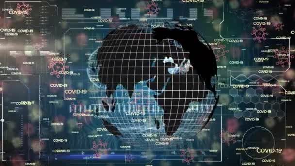 Animación Globo Rotando Sobre Texto Covid Repetido Sobre Procesamiento Datos — Vídeos de Stock