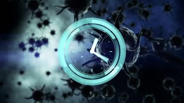 時計とスコープのアニメーションは Covid細胞をスキャンします コロナウイルスの間の医療技術と保護は19のパンデミックを克服しデジタルで生成されたビデオを — ストック動画