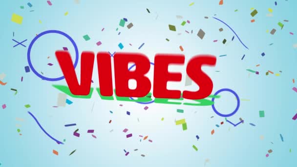 Animation Words Vibes Red Balloons Confetti Blue Позитивные Чувства Праздник — стоковое видео