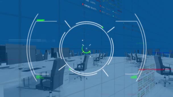 Animação Digitalização Escopo Processamento Dados Sobre Escritório Vazio Negócio Global — Vídeo de Stock