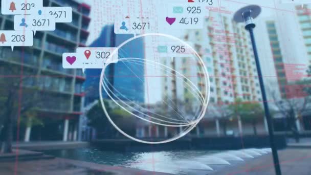 Анімація Сканування Простору Бульбашок Мовлення Соціальних Мережах Над Міським Пейзажем — стокове відео