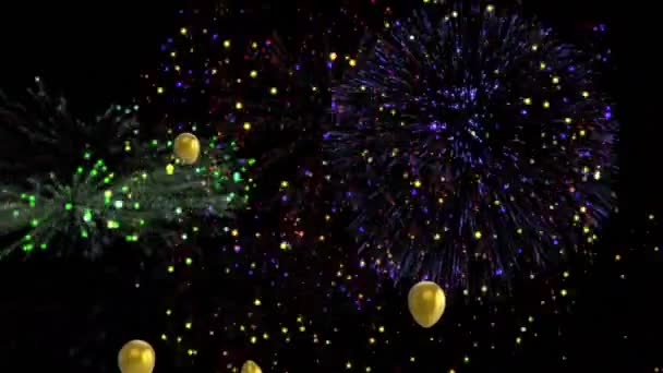 在黑色背景上用烟火制作金色气球的动画 新年前夕的庆祝活动及数码视讯派对的概念 — 图库视频影像