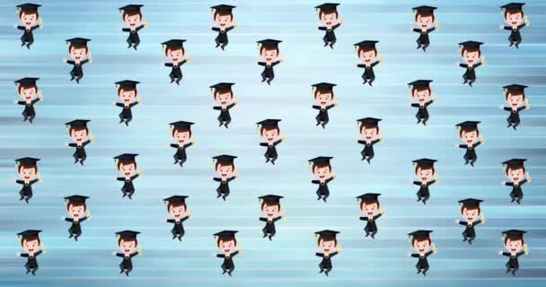 Digital Animation Multiple Graduated Boy Icons Floating Blue Background Back — Stock Video