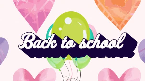 淡いピンクの青の心の上に浮かぶ風船で白い学校に戻って単語のアニメーション 肯定的な感情 お祝いと幸福の概念 デジタルで生成されたビデオ — ストック動画