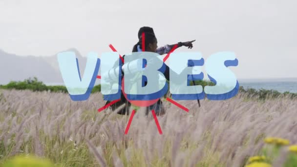 Animation Word Vibes Written Blue Couple Hiking Countryside Positive Feelings — Stock Video