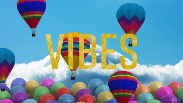 Animation Des Wortes Vibes Gold Mit Heißluftballons Blauen Himmel Positive — Stockvideo