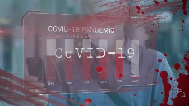 Animering Covid Databehandling Över Kvinna Ansiktsmask Global Covid Pandemikoncept Digitalt — Stockvideo