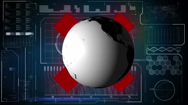 Animación Globo Rotando Sobre Interfaz Con Procesamiento Datos Rojo Comunicación — Vídeos de Stock