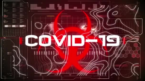 Animation Des Textes Covid Und Des Roten Biohazard Symbols Über — Stockvideo