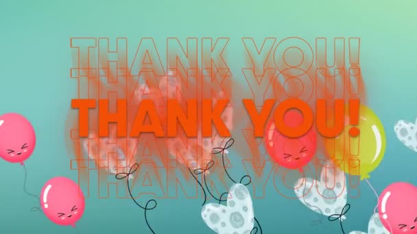 Animación Las Palabras Gracias Naranja Con Globos Flotantes Azul Sentimientos — Vídeos de Stock
