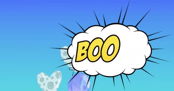 Анимация Слова Бум Желтом Облаке Плавающими Шариками Синем Позитивные Чувства — стоковое видео