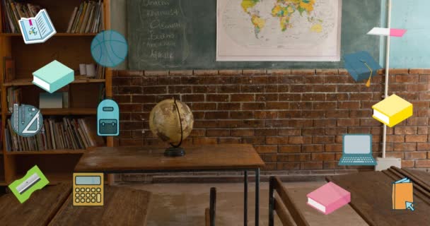 Okulda Boş Sınıflara Karşı Okul Afişi Çoklu Okul Konsepti Simgeleri — Stok video