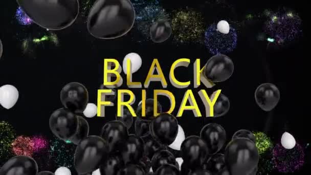 Animation Von Black Friday Text Luftballons Und Feuerwerk Auf Schwarzem — Stockvideo