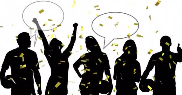 Animation Silhouetted Sports Fans Speech Empty Bubble Gold Confetti Falling — Stock Video