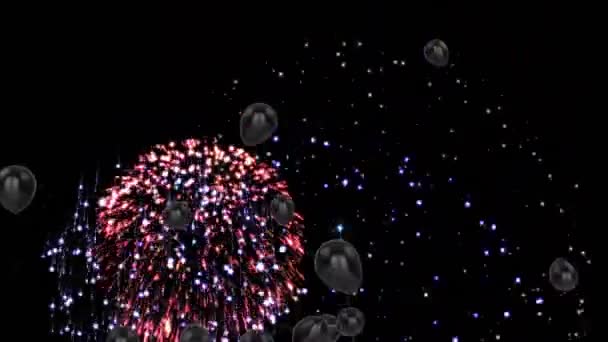 Animazione Palloncini Neri Con Fuochi Artificio Sfondo Nero Capodanno Celebrazione — Video Stock