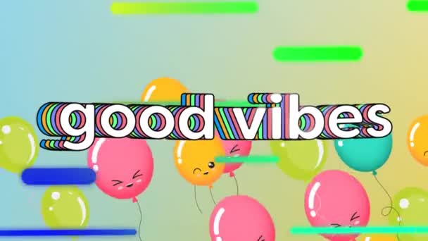 Animation Der Wörter Good Vibes White Mit Bunten Schwebenden Luftballons — Stockvideo