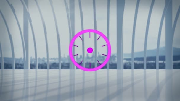 Animación Exploración Alcance Púrpura Sobre Edificio Moderno Paisaje Urbano Negocio — Vídeo de stock