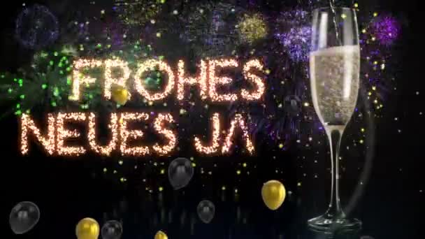 Анімація Щасливого Новорічного Тексту Повітряних Куль Шампанського Феєрверків Чорному Тлі — стокове відео