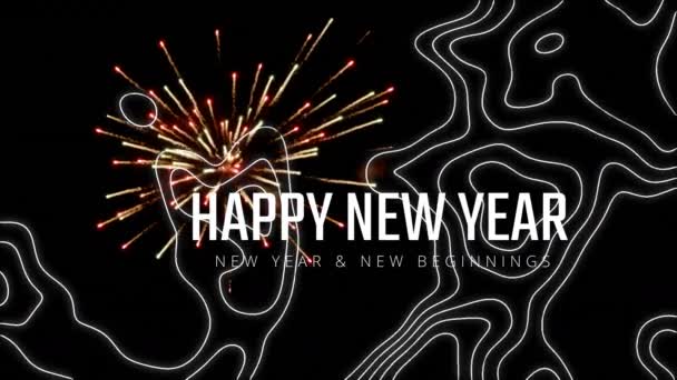 欢乐新年的动画和烟花与白色线条的黑色背景 快乐新年前夕的庆祝活动及数码视讯派对的概念 — 图库视频影像