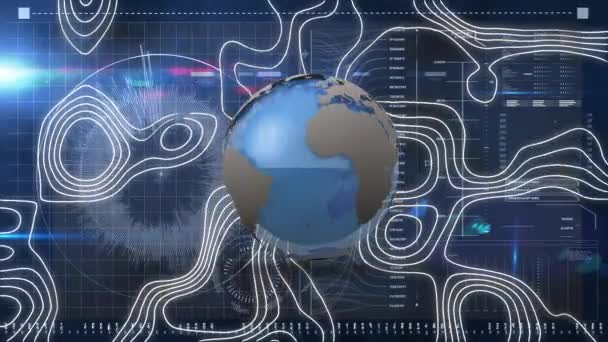 Animering Globen Roterande Över Gränssnittet Med Databehandling Och Topografiskt Diagram — Stockvideo