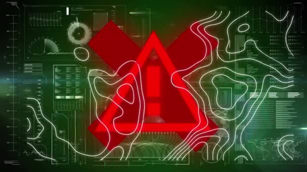 Animation Topographical Chart Moving Red Warning Triangle Data Processing Interface — Stock Video