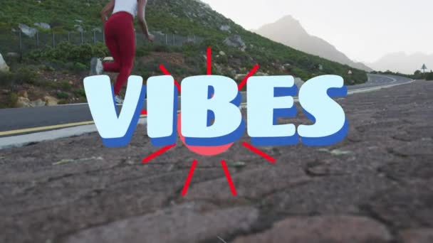 Animation Des Wortes Vibes Blauer Schrift Über Einer Frau Die — Stockvideo