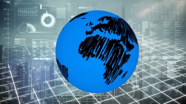 用数据处理和地形图在界面上旋转的蓝色地球仪动画 全球商业通信和数字接口概念 数字生成视频 — 图库视频影像