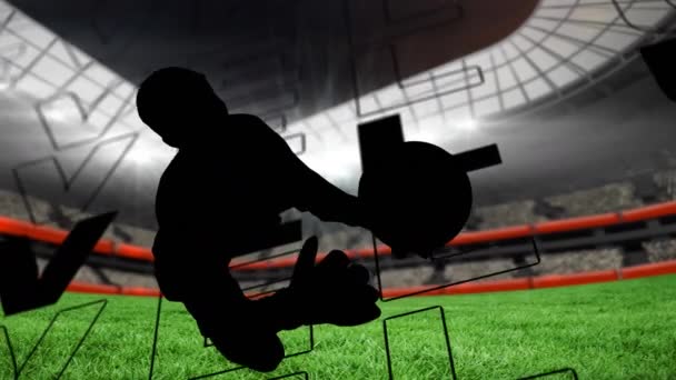 Animatie Van Woorden Niveau Omhoog Met Voetbal Keeper Silhouet Spraakzeepbel — Stockvideo