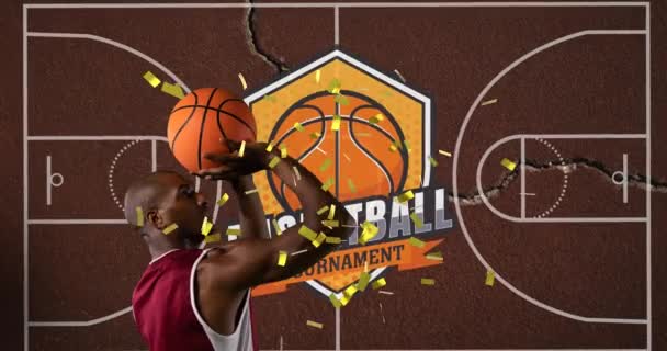 Animation Words Basketball Tournament Male Basketball Player Gold Confetti Court — Stock Video
