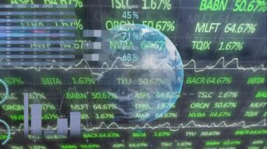 Dünyanın animasyonu, istatistik ve finansal veri işleme. küresel finansmanlar, iş dünyası, dijital arayüz, teknoloji ve ağ konsepti dijital olarak oluşturulmuş video.