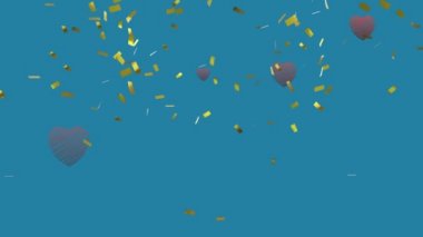Altın konfetilerin ve mavi arka plana düşen gri kalp balonlarının animasyonu. Sevgililer Günü, kutlama, romantizm ve gelenek konsepti dijital olarak oluşturuldu.