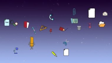 Mor arkaplandaki okul eşyalarının canlandırılması. küresel eğitim, dijital arayüz, teknoloji ve ağ konsepti dijital olarak oluşturulmuş video.