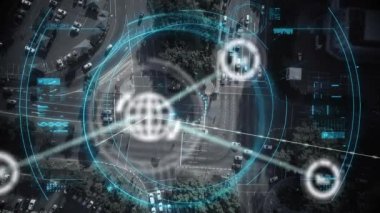 Şehir manzarası üzerindeki simgelerle bağlantı ağının animasyonu. küresel bağlantılar, dijital arayüz ve teknoloji konsepti dijital olarak oluşturulmuş video.