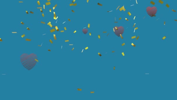 Animación Confeti Dorado Globos Corazón Gris Cayendo Sobre Fondo Azul — Vídeo de stock