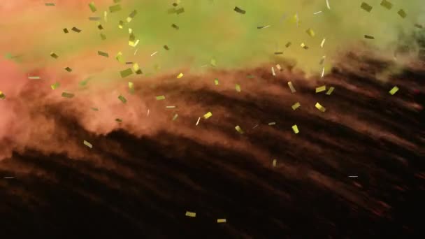 Animation Confettis Dorés Tombant Poudre Colorée Flottant Sur Noir Célébration — Video